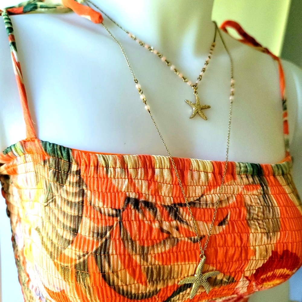 Fashion Beaded Starfish Double Pendant Necklace